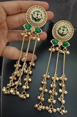 Green flower moissanite stones kashmiri brass ghungroo earrings set 2
