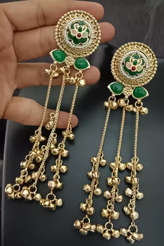 Green flower moissanite stones kashmiri brass ghungroo earrings set