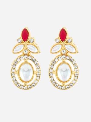 gold plated oval halo drop earrings with red accent 2