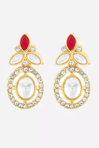 gold plated oval halo drop earrings with red accent