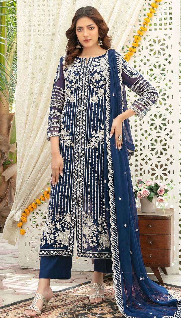 Navy chiffon thread embroidered sequin salwar suit