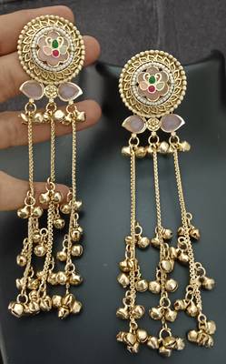 Pink green flower moissanite stones kashmiri brass ghungroo earrings set 1