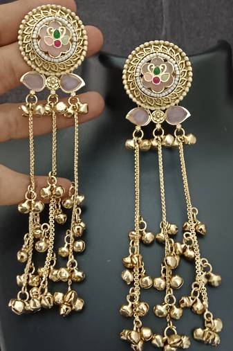 Pink green flower moissanite stones kashmiri brass ghungroo earrings set