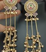 Pink green flower moissanite stones kashmiri brass ghungroo earrings set