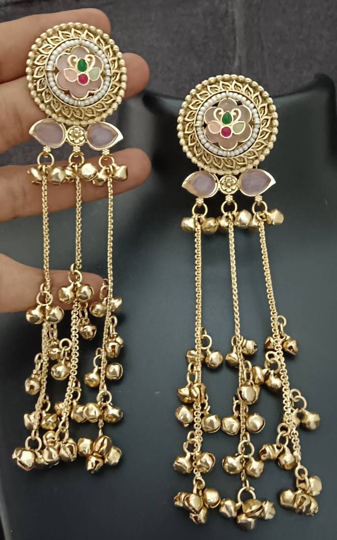 Pink green flower moissanite stones kashmiri brass ghungroo earrings set
