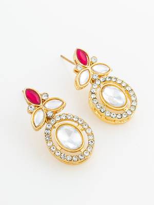 gold plated oval halo drop earrings with red accent 3