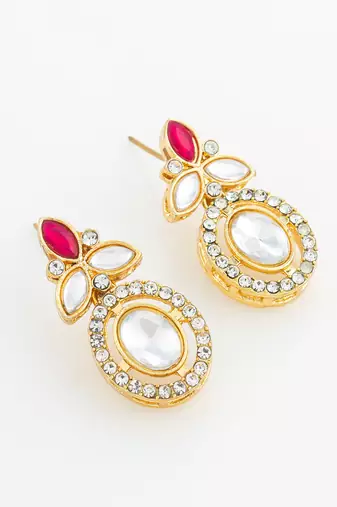 gold plated oval halo drop earrings with red accent