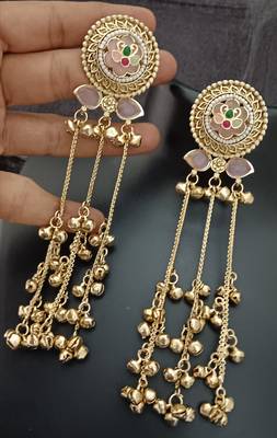 Pink green flower moissanite stones kashmiri brass ghungroo earrings set 2