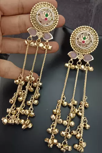 Pink green flower moissanite stones kashmiri brass ghungroo earrings set