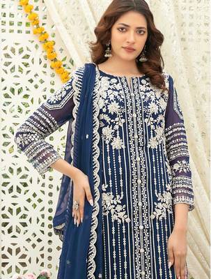 Navy chiffon thread embroidered sequin salwar suit 2