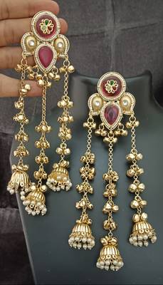 Ruby pink moissanite stones kashmiri brass ghungroo jhumki earrings set 1
