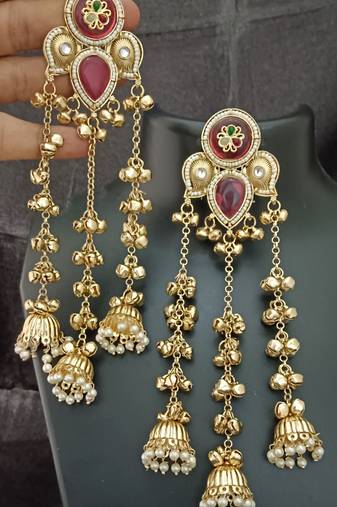 Ruby pink moissanite stones kashmiri brass ghungroo jhumki earrings set