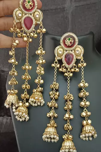 Ruby pink moissanite stones kashmiri brass ghungroo jhumki earrings set