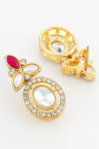 gold plated oval halo drop earrings with red accent