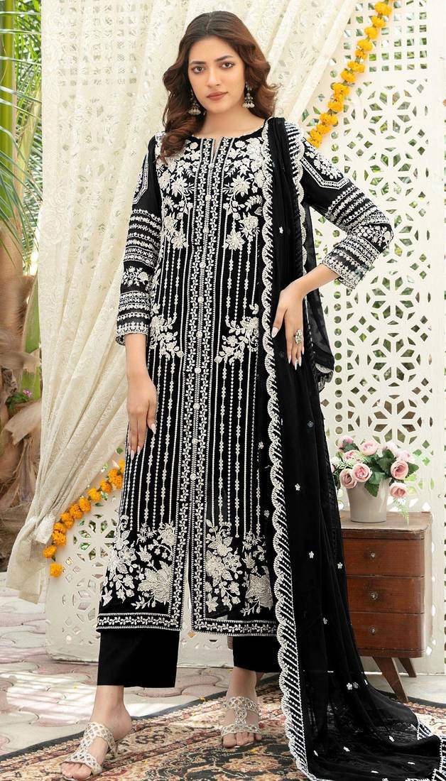 Black chiffon thread embroidered sequin salwar suit