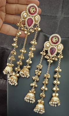 Ruby pink moissanite stones kashmiri brass ghungroo jhumki earrings set 2