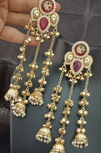 Ruby pink moissanite stones kashmiri brass ghungroo jhumki earrings set