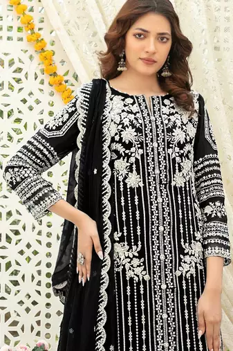 Black chiffon thread embroidered sequin salwar suit