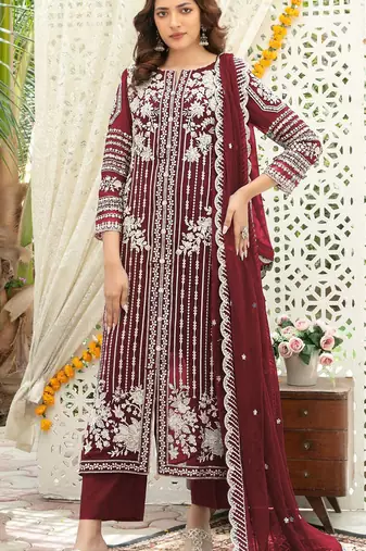 Maroon chiffon thread embroidered sequin salwar suit