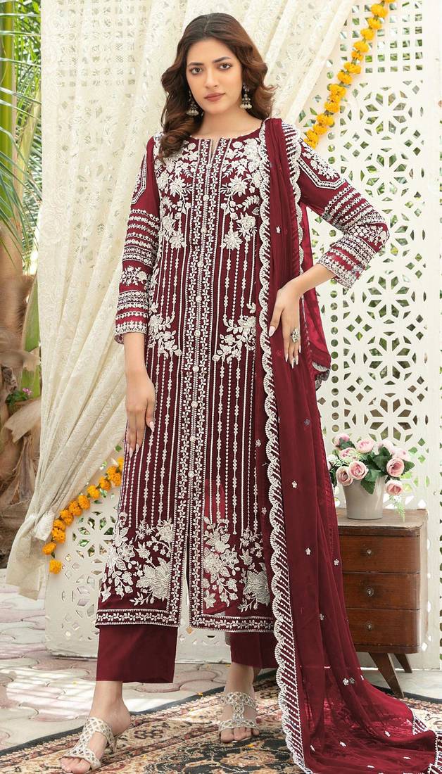 Maroon chiffon thread embroidered sequin salwar suit