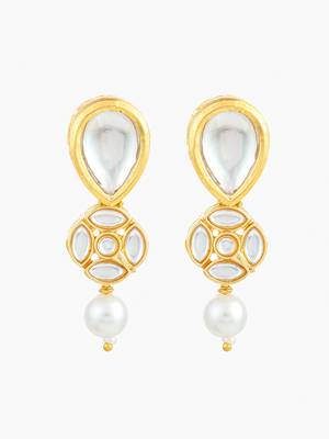 gold plated long pear drop earrings with pearl dangle 2