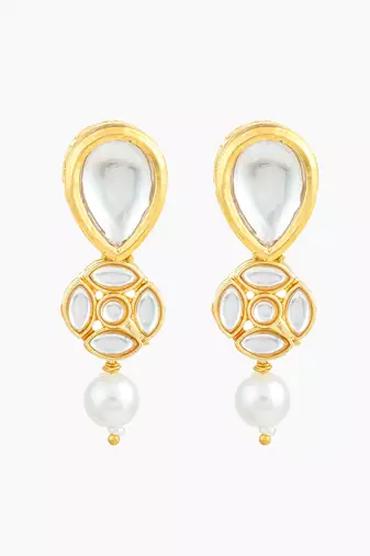 gold plated long pear drop earrings with pearl dangle