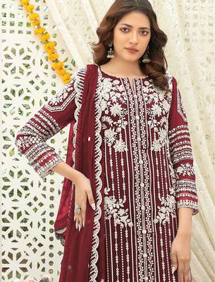 Maroon chiffon thread embroidered sequin salwar suit 2