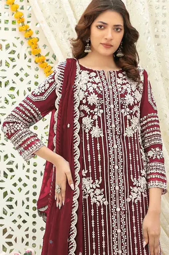 Maroon chiffon thread embroidered sequin salwar suit