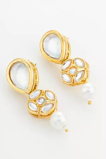 gold plated long pear drop earrings with pearl dangle
