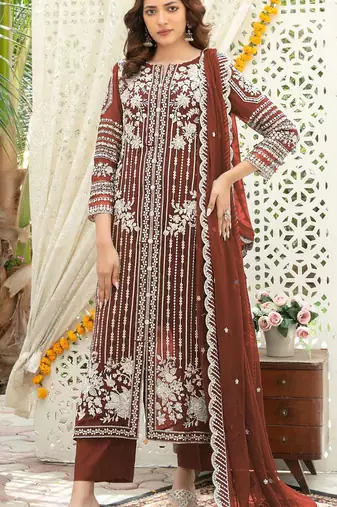 Brown chiffon thread embroidered sequin salwar suit