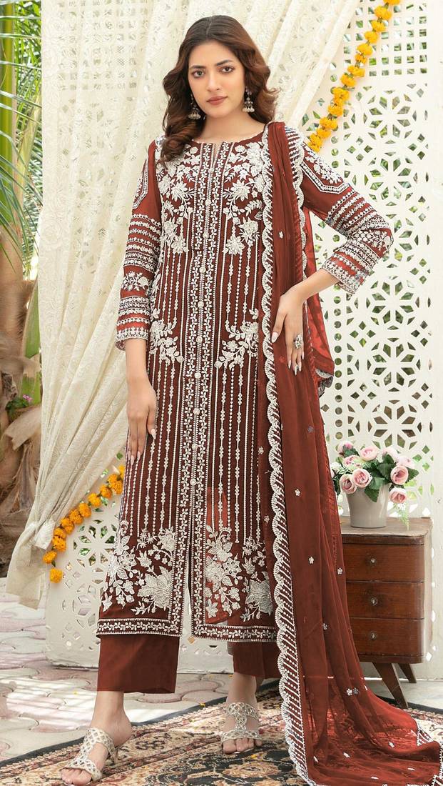 Brown chiffon thread embroidered sequin salwar suit