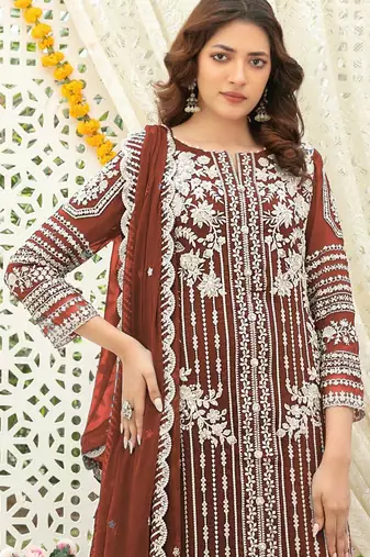 Brown chiffon thread embroidered sequin salwar suit