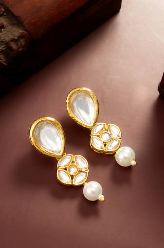 gold plated long pear drop earrings with pearl dangle