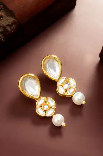 gold plated long pear drop earrings with pearl dangle
