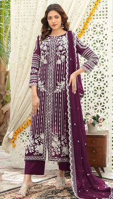 Purple chiffon thread embroidered sequin salwar suit 1