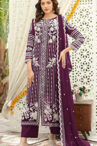 Purple chiffon thread embroidered sequin salwar suit