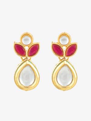 gold plated floral motif ruby and white stone drop earrings 2