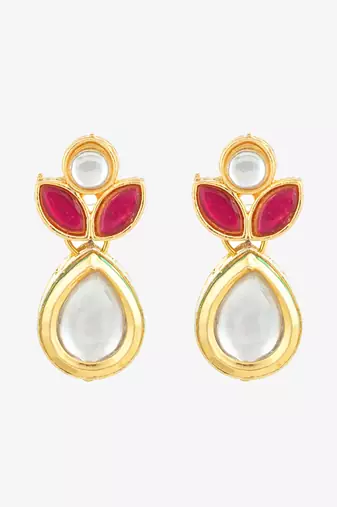 gold plated floral motif ruby and white stone drop earrings