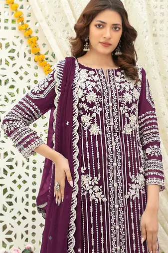 Purple chiffon thread embroidered sequin salwar suit