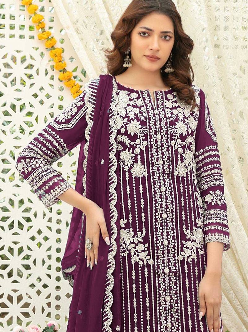Purple chiffon thread embroidered sequin salwar suit