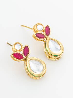 gold plated floral motif ruby and white stone drop earrings 3