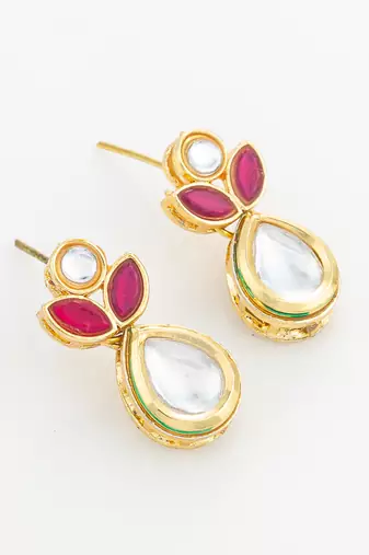 gold plated floral motif ruby and white stone drop earrings