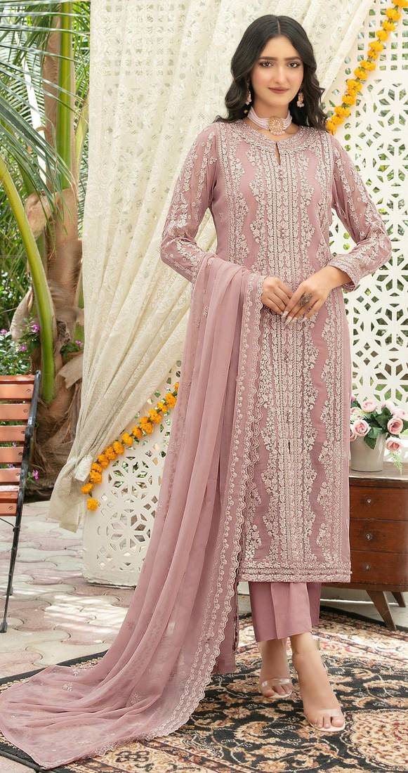 Peach chiffon thread embroidered sequin salwar suit