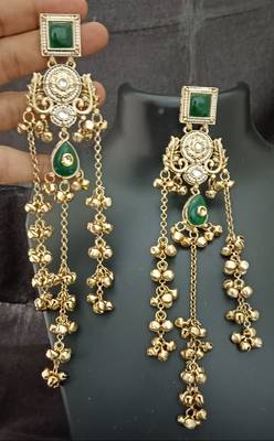 Green moissanite stones square brass kashmiri ghungroo earrings set 1