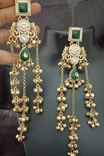 Green moissanite stones square brass kashmiri ghungroo earrings set