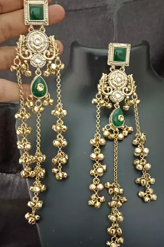 Green moissanite stones square brass kashmiri ghungroo earrings set