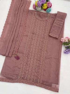 Peach chiffon thread embroidered sequin salwar suit 2
