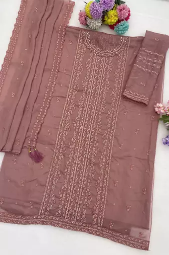 Peach chiffon thread embroidered sequin salwar suit