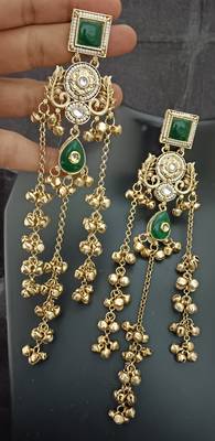 Green moissanite stones square brass kashmiri ghungroo earrings set 2
