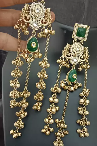 Green moissanite stones square brass kashmiri ghungroo earrings set